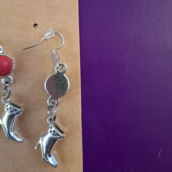 Boot Earrings Red and Silver Tone - Picture 2 of 2